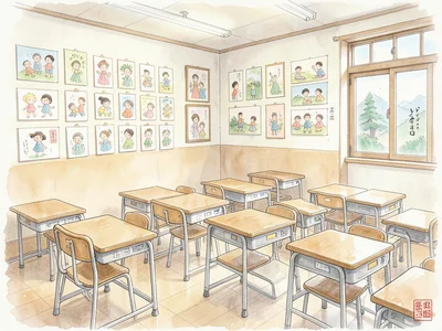 Colorful classroom with children's artwork pinned to walls, empty desks arranged