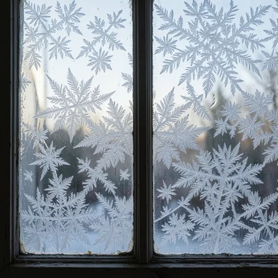 Ornate frost patterns on a Victorian-era window, the old glass with its slight r