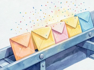 Hand-painted gouache illustration of a long line of identical pastel envelopes s
