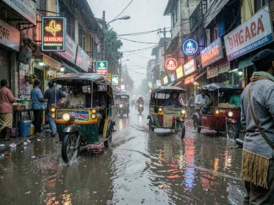 Monsoon flooded street reflections