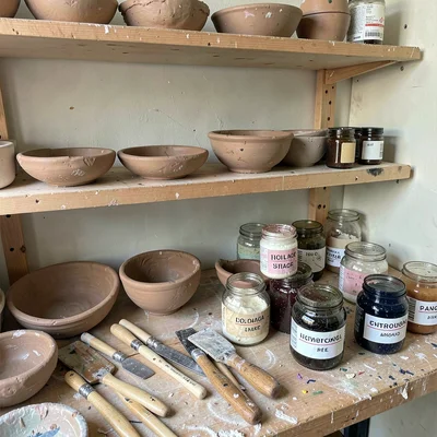 Potters studio with clay tools scattered, half-thrown bowls on shelves, glazes i