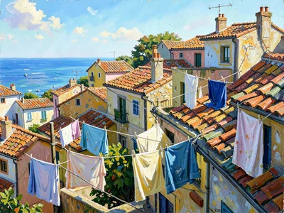 Rooftops of a coastal village in midday glare, washing lines dotting the terrace