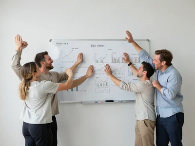 Diverse team celebrating around a whiteboard covered in charts, high-fives and s