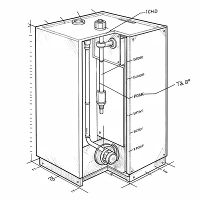 Drafting-style cutaway of a tank water heater with dip tube, anode rod and T&P v
