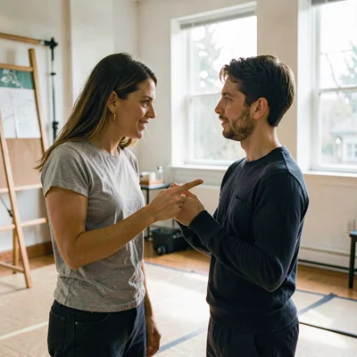 Faculty acting instructor portrait coaching a student in a rehearsal studio, pai