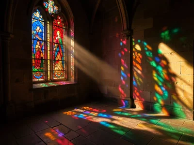 Late afternoon sun through a Western-facing window, the colored light stretched 