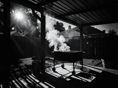 Backyard BBQ with hard shadows from pergola, smoke rising into darkness, neighbo