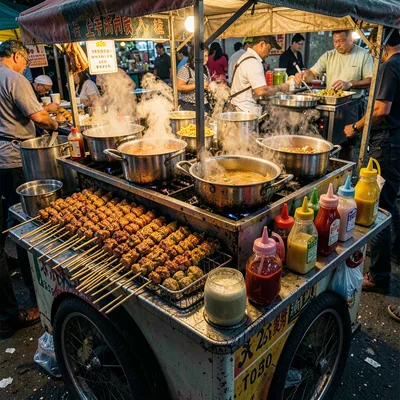 Densely layered composition, rich saturated colors, Street food cart with multip