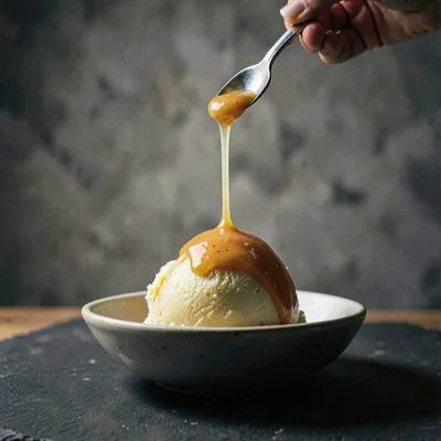 Single ribbon of fruit sauce drizzling over a citrus scoop, lightbox glow