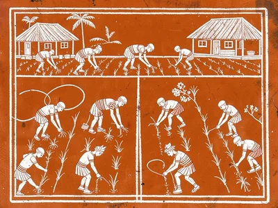 Paddy field planting — row of bent figures inserting seedlings into water-lined 