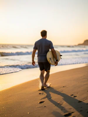 Surfer walking into ocean at dawn, board under arm, empty beach
