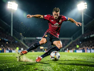 Soccer player striking the ball with perfect form, grass flying, evening floodli