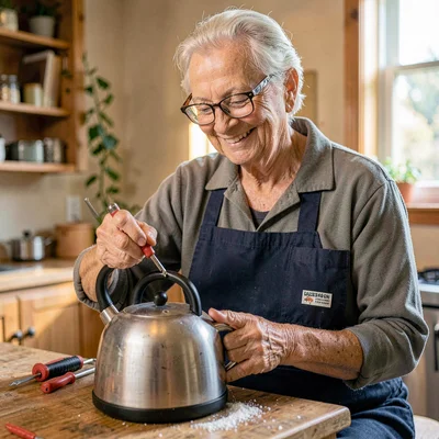 Available-light portrait of a smiling older volunteer in glasses repairing a ket