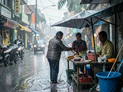 Street vendor in shelter rain