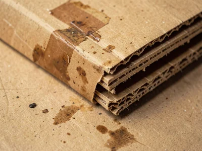Cardboard box corner with tape residue, adhesive ghost marks and fiber tear-outs