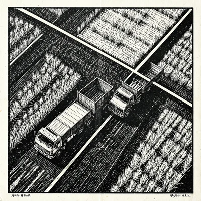 A combine and three trucks seen from directly above, creating a geometric patter