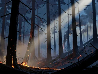 Charred forest after wildfire, one beam slants through ash-dust, warm ember glow