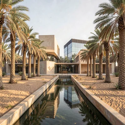 Contemporary Gulf photograph with heritage contrasts, Date palm grove with irrig