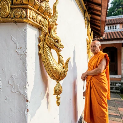 Lanna temple detail, Chiang Mai sacred ornament, monk in orange robe against whi