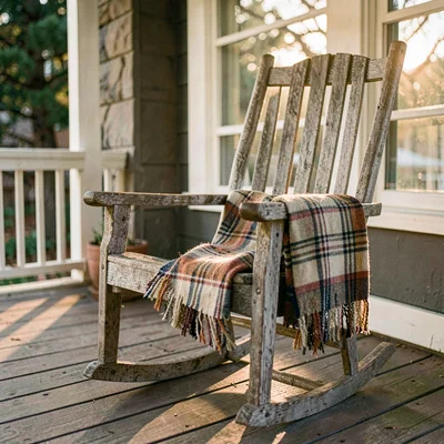 A weathered porch rocking chair at golden hour with a folded plaid blanket drape