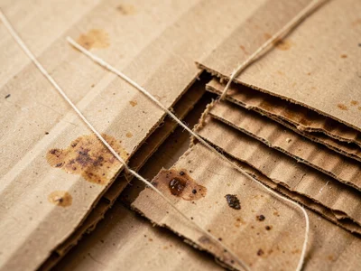Two corrugated layers peeled apart, adhesive strings stretching between them, ex