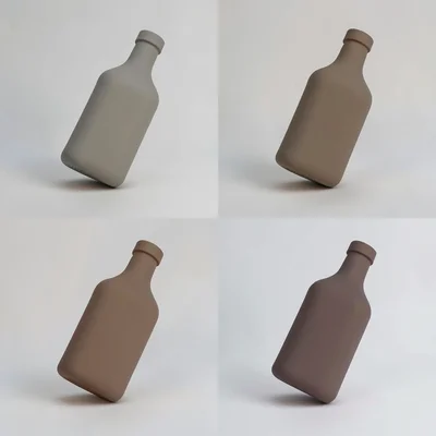 A 2x4 grid of abstract sauce-bottle mockups in muted earth tones, bottles slight