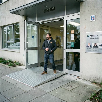 Documentary photography, unposed moment, Accessible building entrance with ramp 