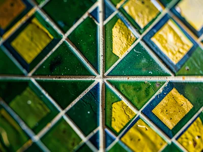 Green and gold tiles in architectural context