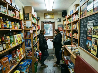 Narrow entry squeeze, passing another customer, the choreography of small space