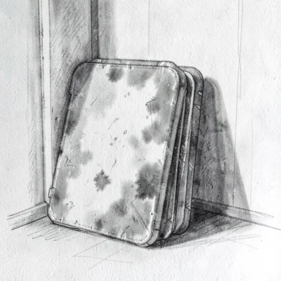 Loose charcoal sketch of a stack of dust-coated drawing boards leaning against a