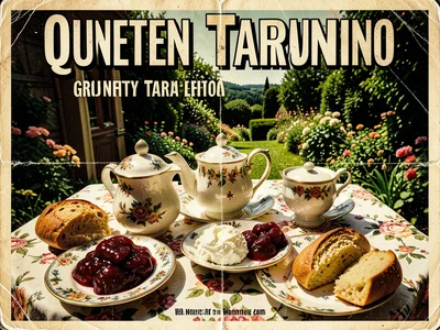 Tea service on floral tablecloth, scones, clotted cream, jam, garden view