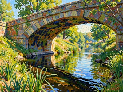 Stone bridge over a summer stream, watercress and shadow under the arch