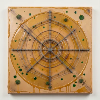 A circular center-pivot irrigation farm grid in a desert seen from directly abov