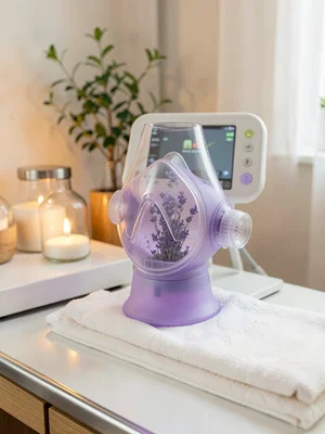 Oxygen mask in soft silicone with lavender scent diffuser built in, clinical aro