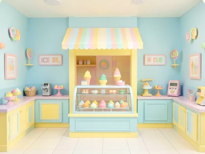 Ice cream shop interior in baby blue and yellow, glass display case, striped awn