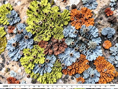 Lichen territory map on building sandstone, multiple species creating a colorful
