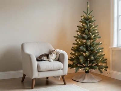 Cat sleeping on armchair beside lit Christmas tree, warm room