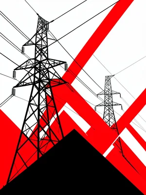 Power transmission lines and pylons, angular forms against a white ground