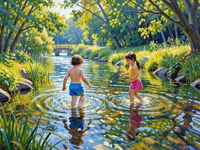 Children wading in a shallow river, light shattering on the broken surface
