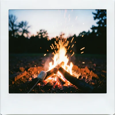 A campfire at dusk, sparks rising, marshmallow on a stick in the foreground, war