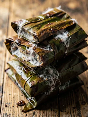 Banana Leaf-Wrapped Tempeh Stack — Mycelium at Folds