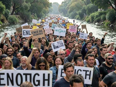 Protest march compressed into a river of signs and raised fists, individual face