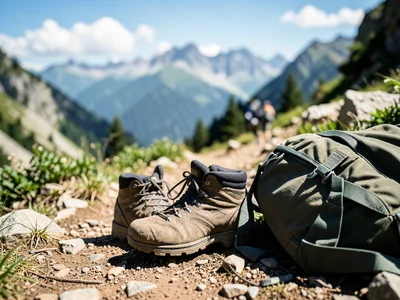 Hiking boots and backpack on trail, mountain vista ahead, summer day
