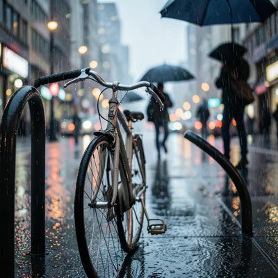 A bicycle locked to a rack in the rain, water dripping from the handlebars and s