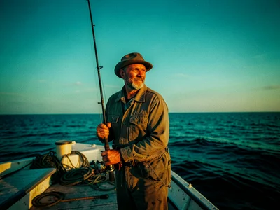 A fisherman on a pier at dawn, warm light on his face and gear, the sea and sky 