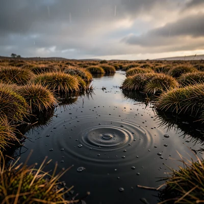 Rain on bog pool — fat raindrops making rings on the black water surface, moor b