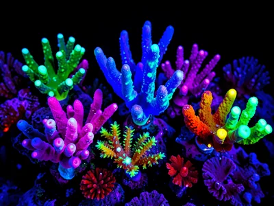 A neon coral reef scene under UV — hard coral skeletons glowing different colors