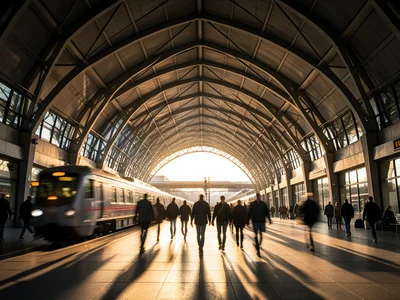 Train station arch containing departing passengers as motion blur, double exposu