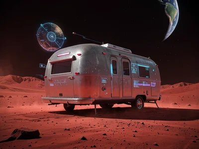 Vintage Airstream trailer parked on Mars surface, red dust, Earth visible in sky