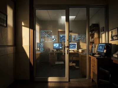 1930s detective office, frosted glass door, but computer screens and holograms i